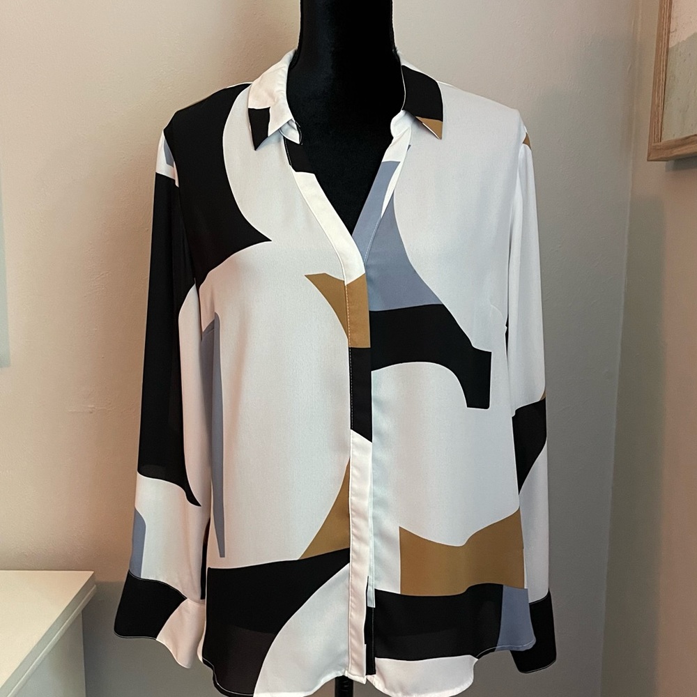 Worthington, petite XL art deco print long sleeve blouse